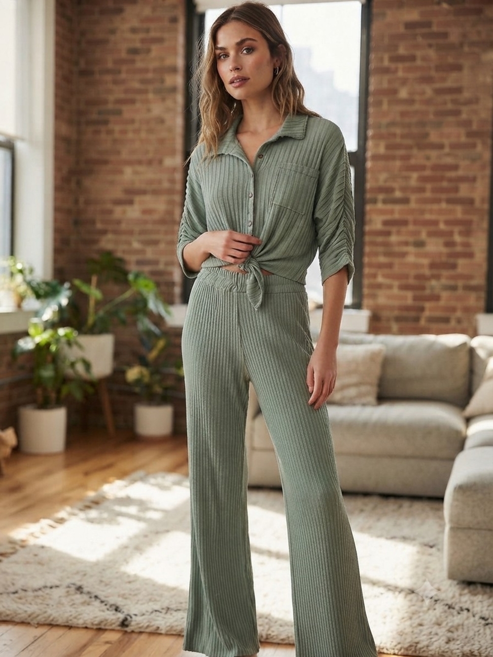 Free People Beach Sage Green Ribbed Loungewear Oversized Jumpsuit Size XS